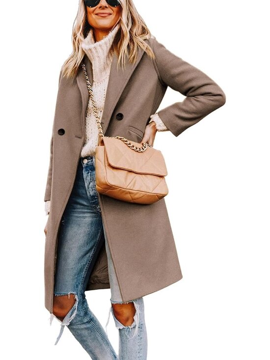 Jackets & Blazers - Women's Camel Long Sleeve Notch Lapel Double Breasted Winter Wool Pea Coat